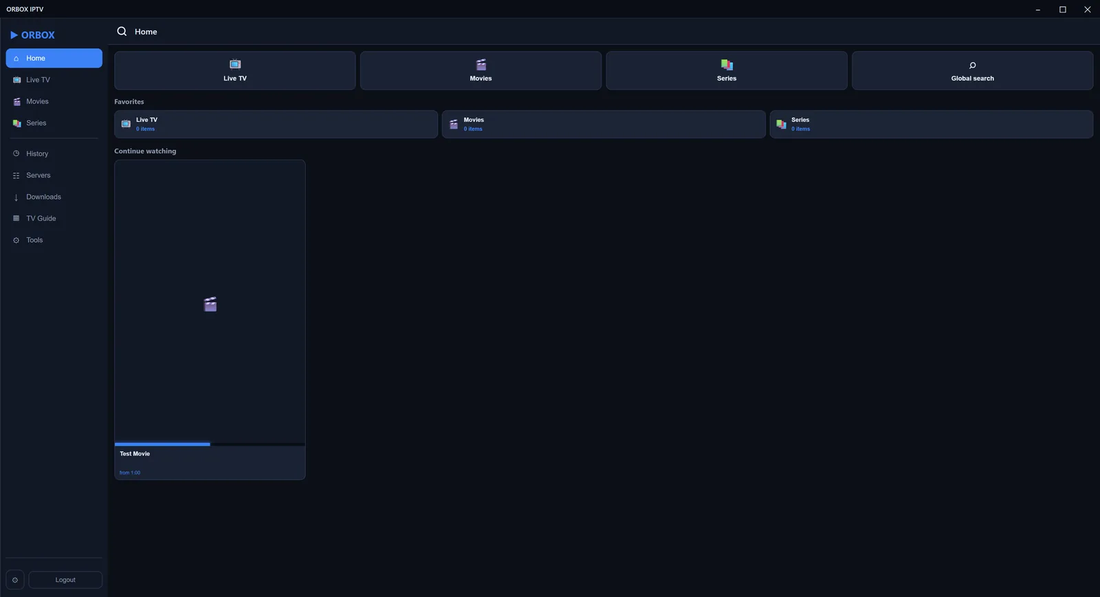 ORBOX IPTV home screen